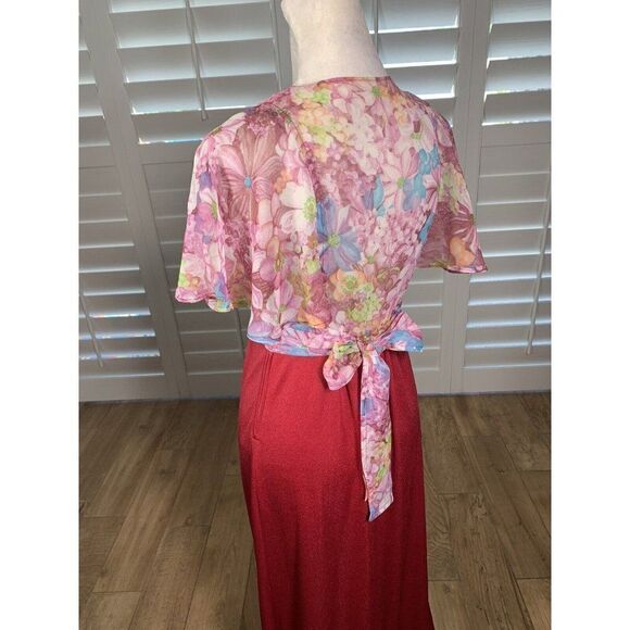 Vtg 70s Roberta California Red Pink Chiffon Floral Maxi Dress S 5 Boho Hippie - Picture 5 of 12